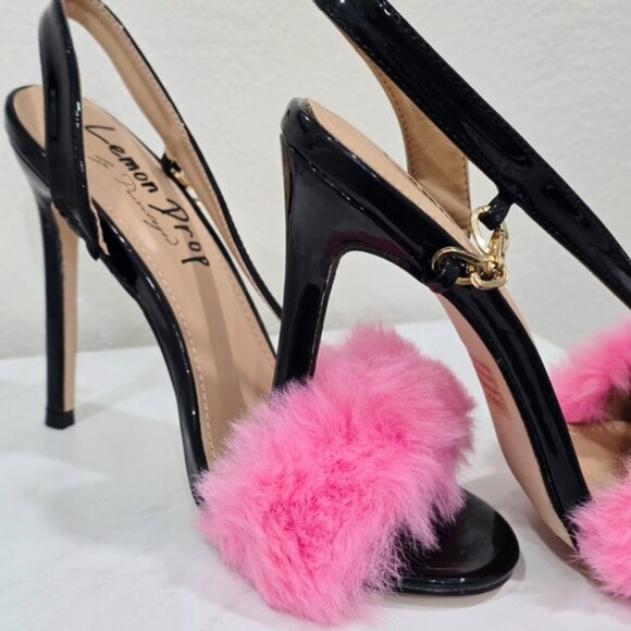 Lemon Drop ✦ Lerpa Fuzzy Heels ✦ Black Vegan Leather Pink Fur Peep Toe Stiletto - Picture 6 of 9